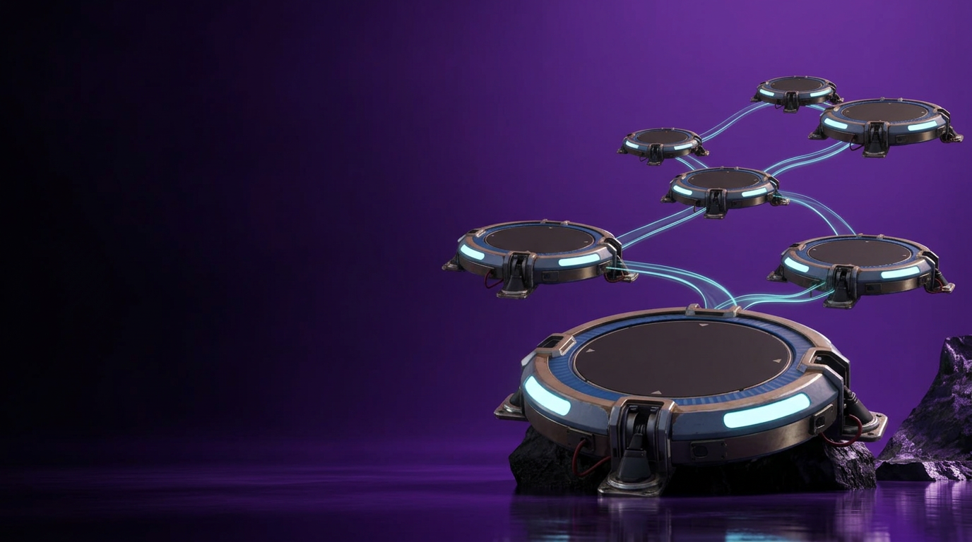 Circular sci-fi launchpads with cyan lighting connected across a purple launch network